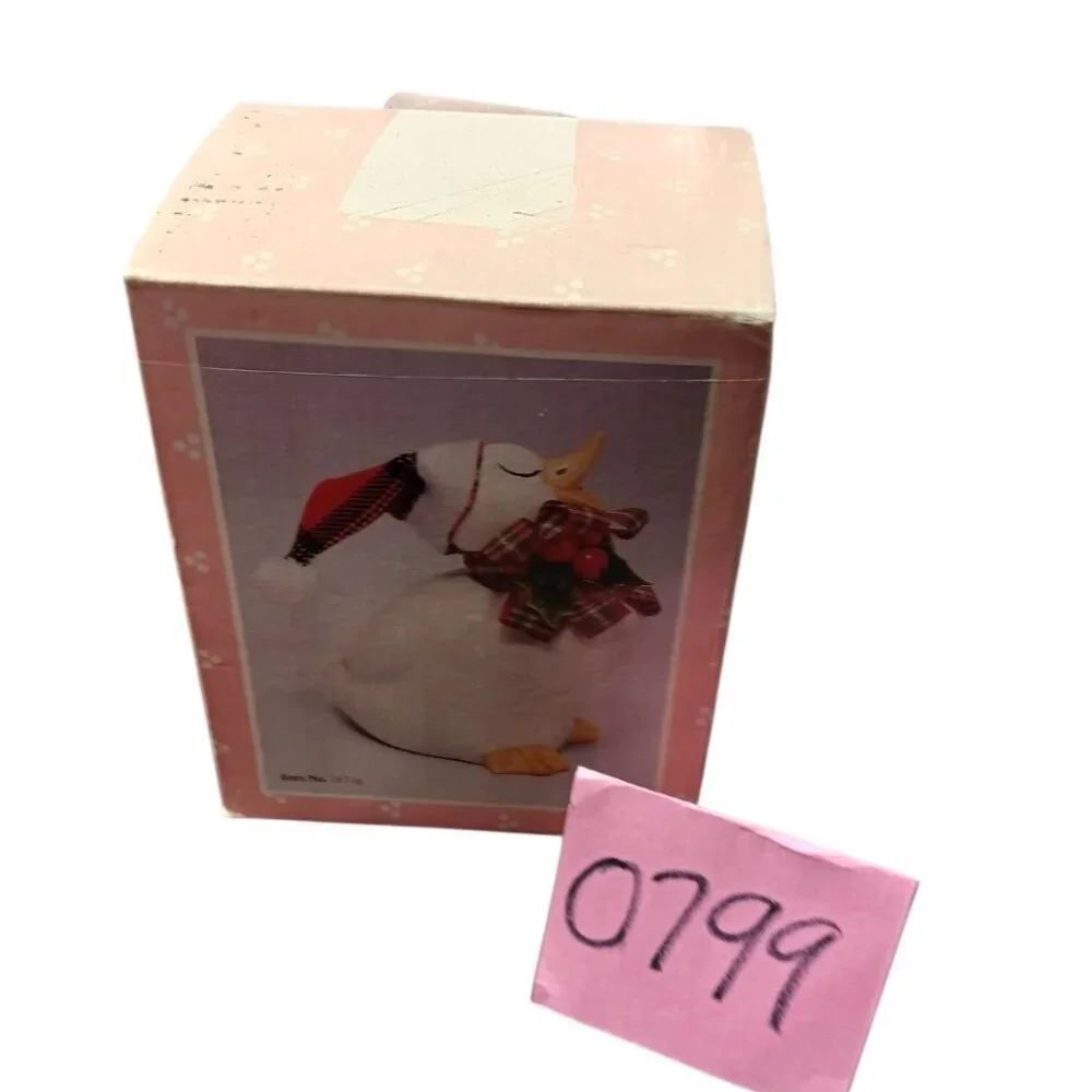 Vintage Holiday Ceramic Duck Figurine W/ Hat & Plaid Scarf White/Yellow 7